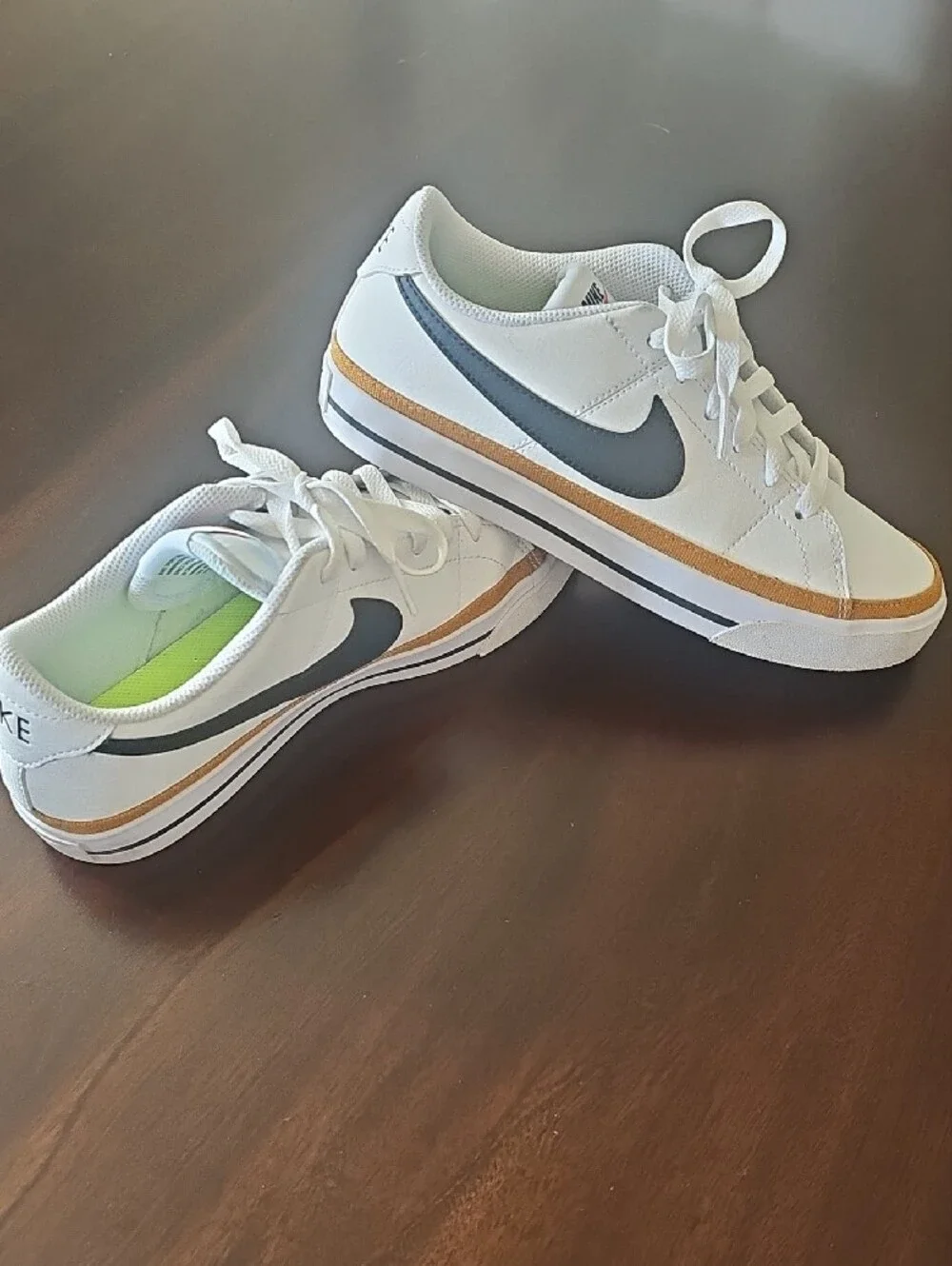Nike White Womens Sneakers with Tan Trim and Lime Green Insoles